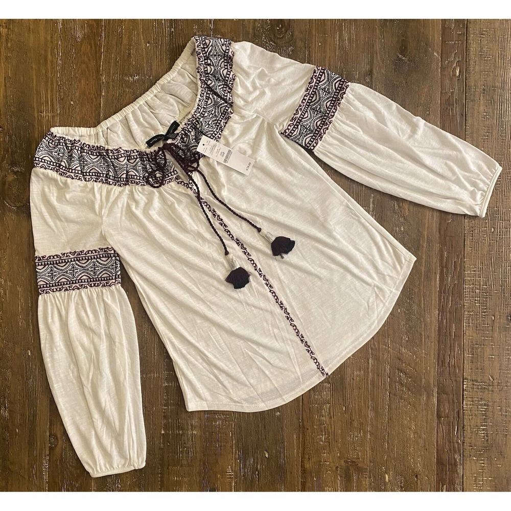 White House Black Market Peasant Blouse Womens XSP Embroidered Light Weight NWT